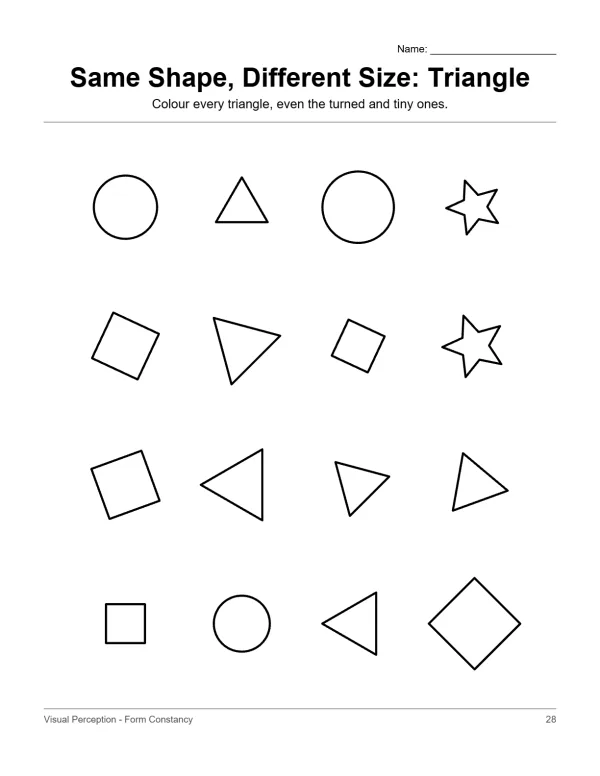 Worksheet with rows of geometric shapes including circles, triangles, squares, and stars of different sizes.