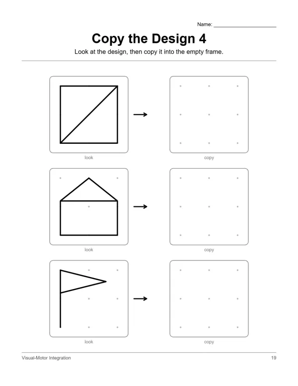 Worksheet with three rows of two boxes. The left box has a simple line drawing, and an arrow points to the right box with dots.