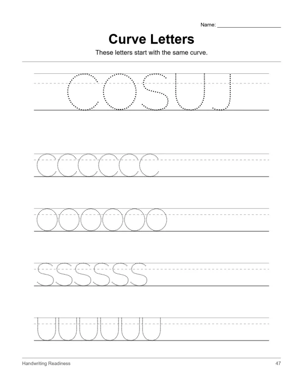 Worksheet with dotted outlines of letters C, O, S, and U for tracing practice.