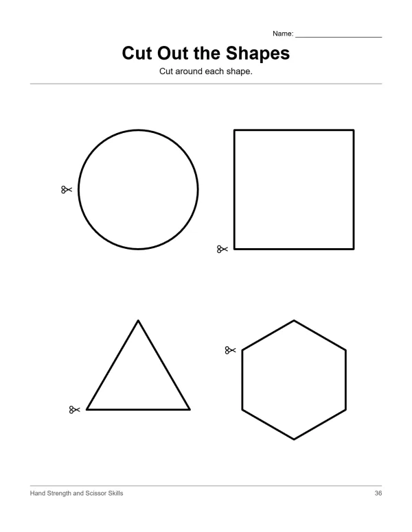 A worksheet with a circle, square, triangle, and hexagon outlined for cutting practice.