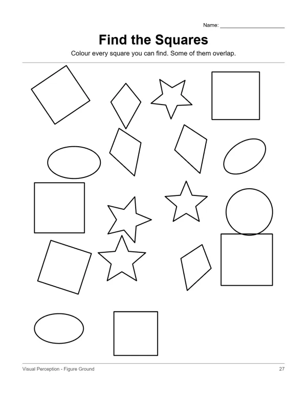 A worksheet with various geometric shapes including squares, diamonds, stars, and ovals scattered on a white background.