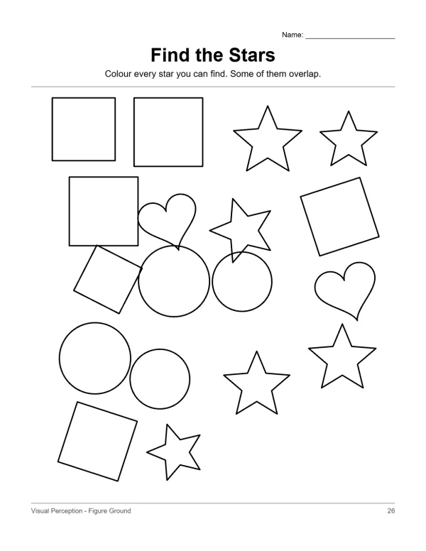 A worksheet with squares, circles, hearts, and stars, some overlapping, for finding stars.