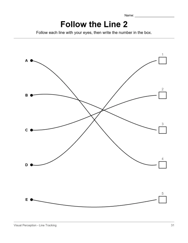 Worksheet with five letters A through E on the left and numbers 1 through 5 on the right, connected by curved lines.