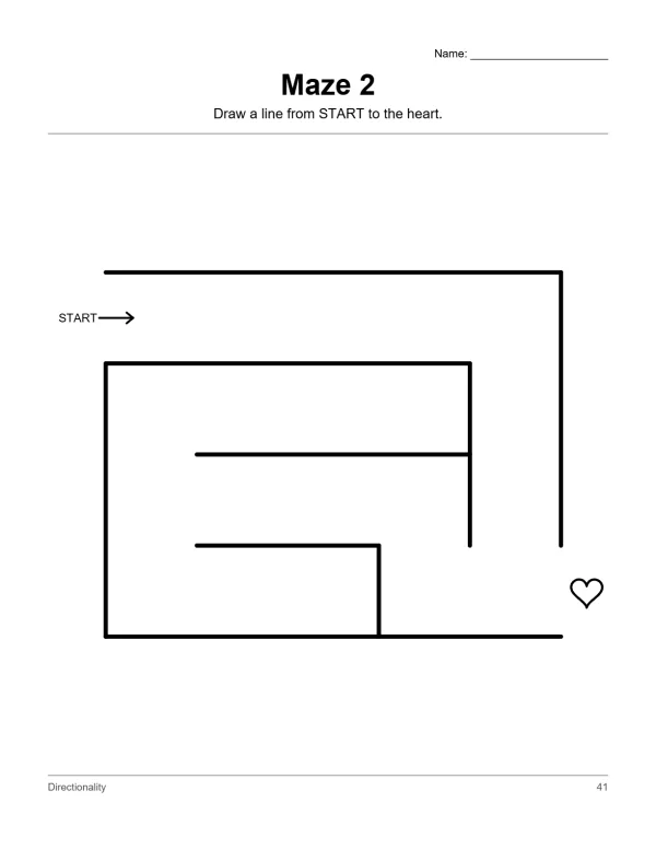 A simple maze with thick black lines, a start arrow, and a heart at the finish.