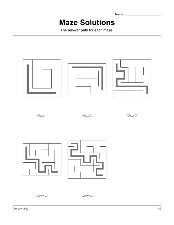 Five different maze solutions shown with thick lines highlighting the correct path through each one.