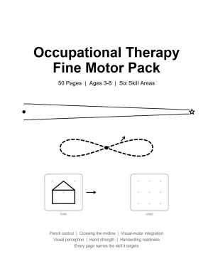 Cover page for a fine motor pack with title, page count, age range, and example exercises.