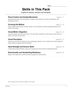 Table of contents for a fine motor skills pack with sections for pencil control, crossing midline, visual-motor integration, and more.