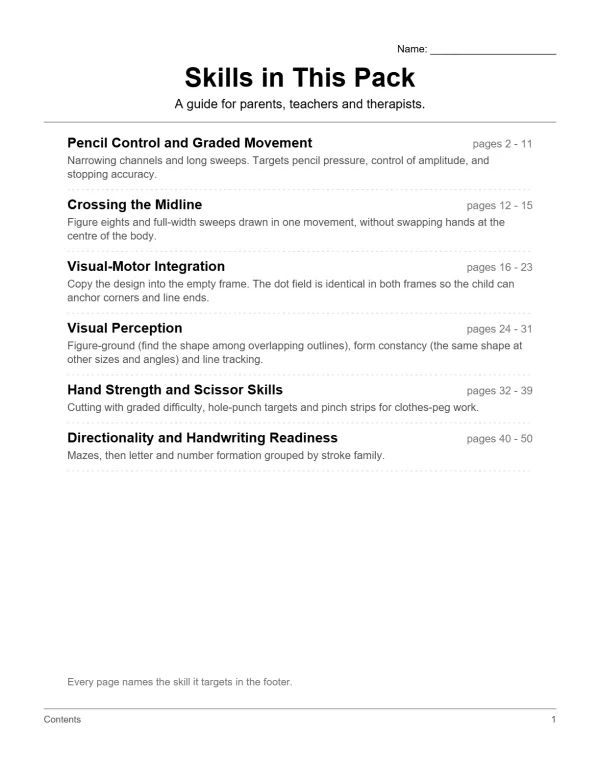 Table of contents for a fine motor skills pack with sections for pencil control, crossing midline, visual-motor integration, and more.