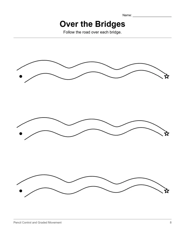 Three wavy roads with thick black lines are shown, each starting with a dot and ending with a star.