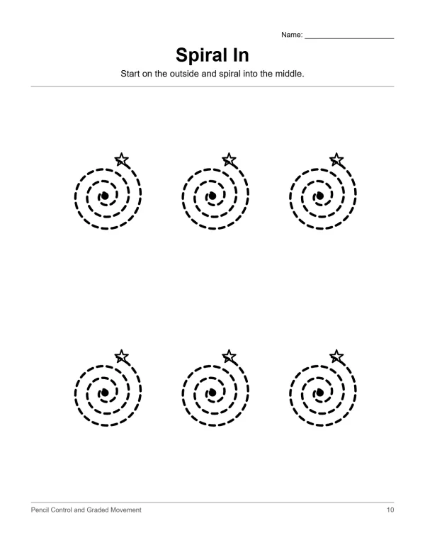 Six dashed line spiral shapes with a star at the top and a dot in the center.