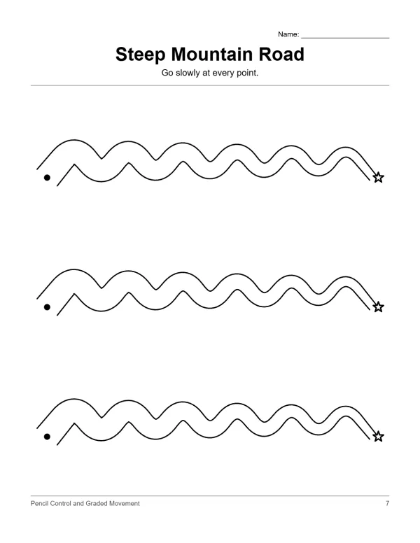Three parallel wavy road paths with starting dots and star finish lines for tracing practice.
