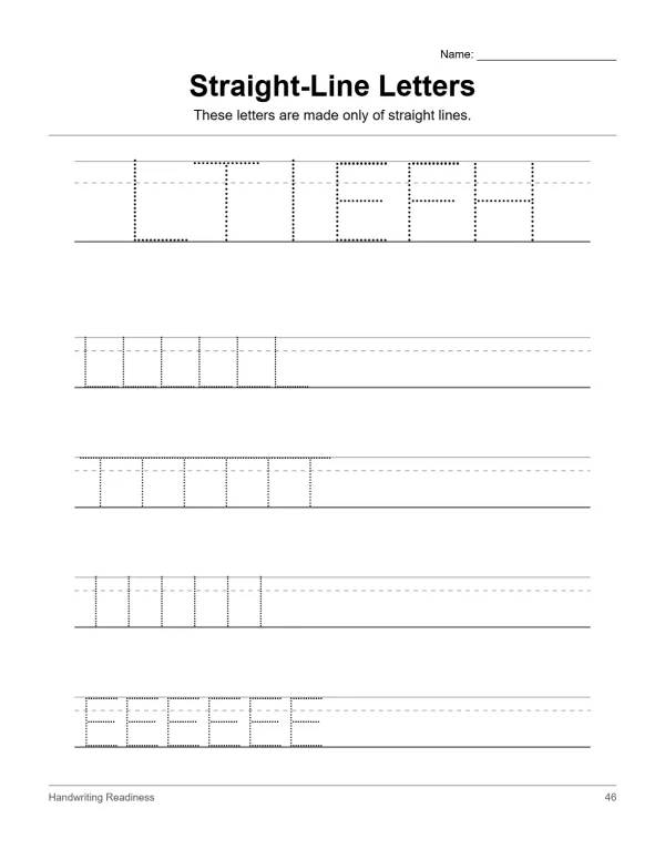 Worksheet for practicing straight line letters with dotted lines for tracing.