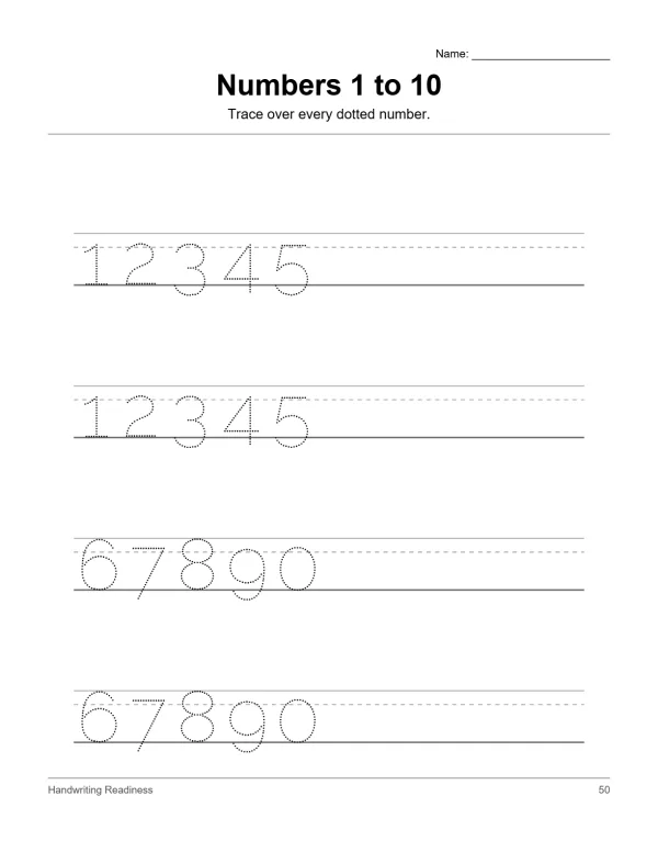 Worksheet with dotted numbers 1 through 10 for tracing practice in handwriting lines.