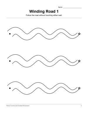 Three wavy road paths with start and end points for tracing practice.