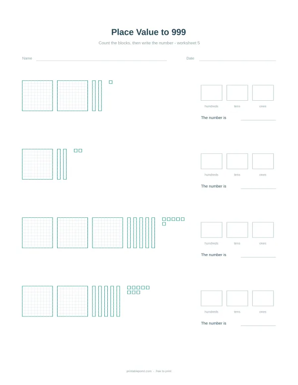 A math worksheet showing base-ten blocks to represent numbers up to 999.