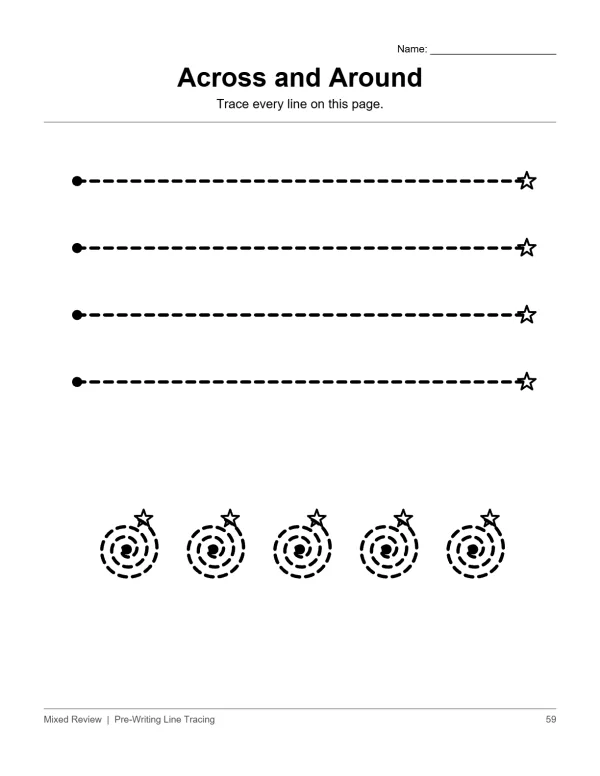 Dashed horizontal lines and circular spiral lines with stars to trace, for pre-writing practice.
