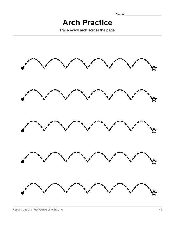 Dotted arch lines for tracing, starting with a dot and ending with a star.