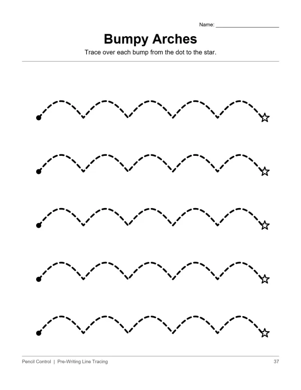 Dotted lines forming bumpy arches, starting with a dot and ending with a star.