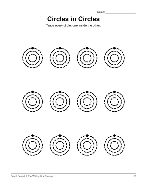 Twelve dotted concentric circles, each with a starting dot above. Worksheet prompts tracing.