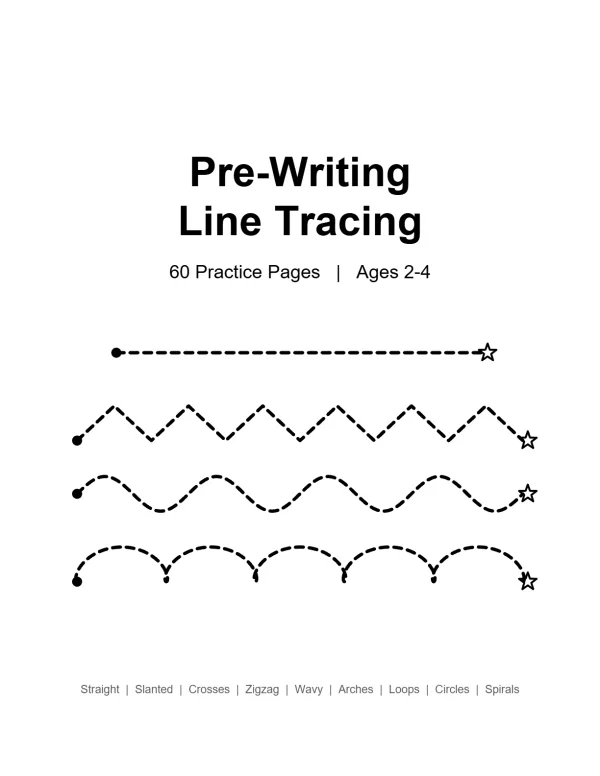 Dashed lines for tracing: straight, zigzag, wavy, and arched, with stars at the end.