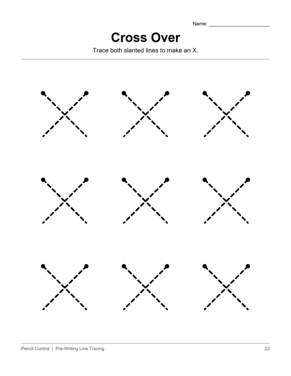 Nine dotted crosses on a white worksheet, each with a dot at each end of the dashed lines.