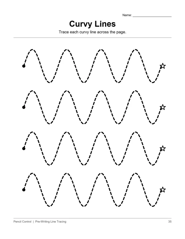 Dashed curvy lines with starting dots and ending stars for tracing practice.