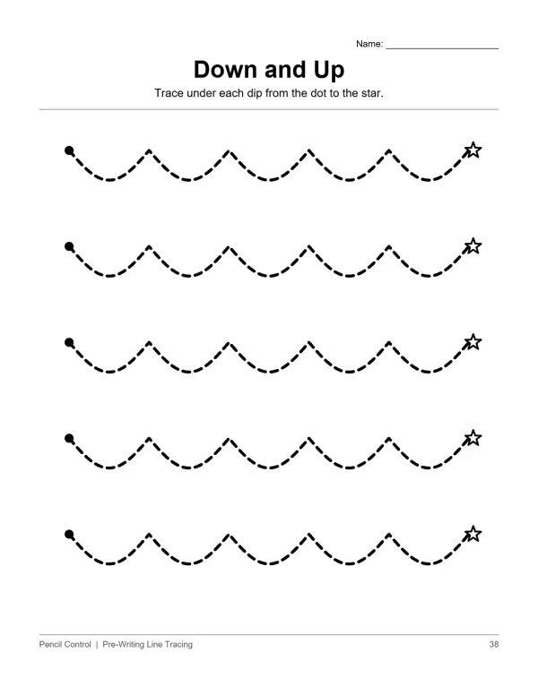 Dashed lines create wavy patterns from dots to stars for tracing practice on a worksheet.