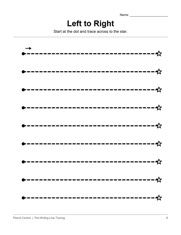 Dashed horizontal lines with a starting dot and an ending star for tracing practice.