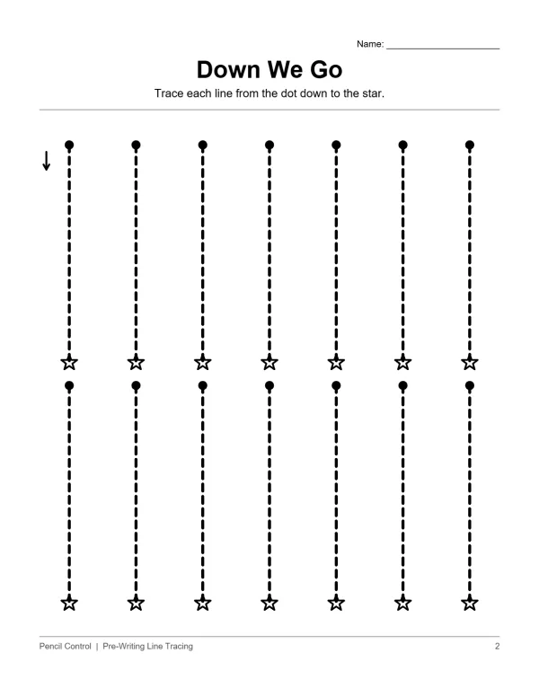 A pre-writing worksheet with dotted vertical lines connecting dots to stars for tracing.
