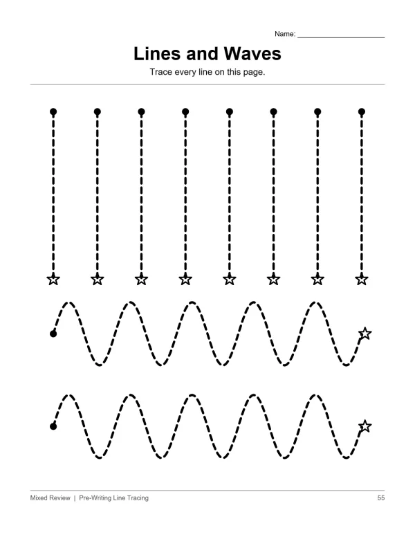 Dashed vertical lines with dots and stars above wavy lines for tracing practice.