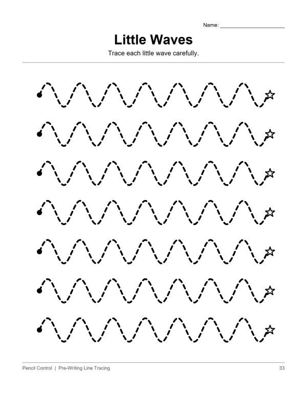 Dotted lines forming multiple wave patterns for tracing practice with stars at the end of some lines.