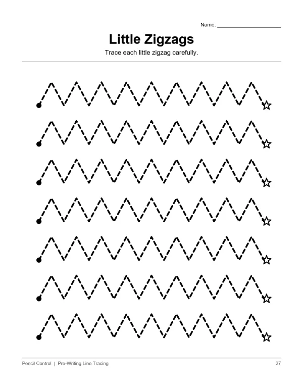 Dashed zigzag lines are arranged horizontally across the page for tracing practice, starting with dots and ending with stars.