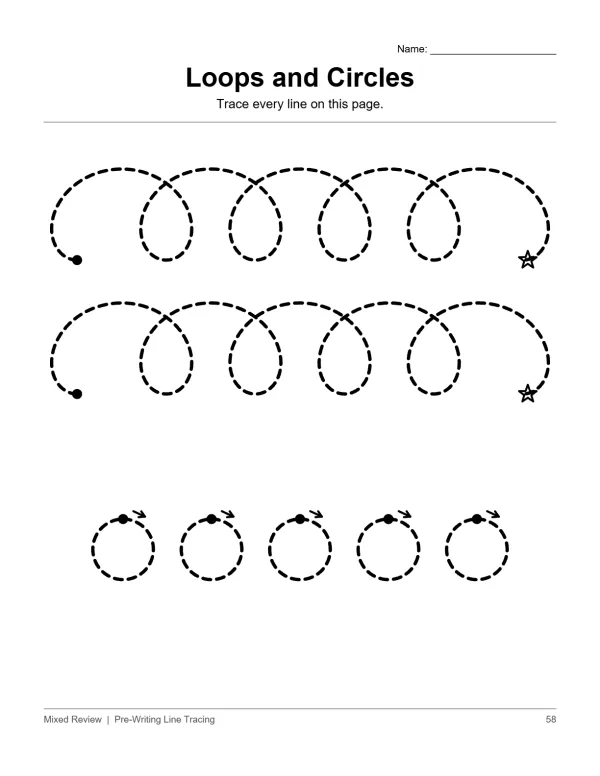 Dashed lines forming loops and circles with arrows for tracing practice on a white worksheet.