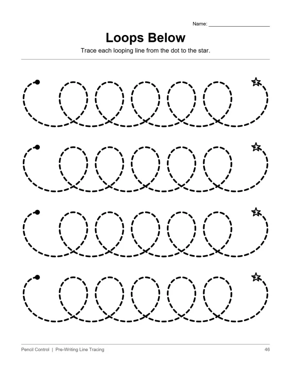 Dotted lines forming loops with stars at the end for tracing practice.