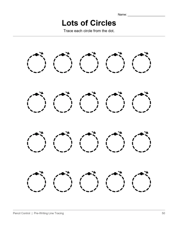Several rows of dashed circles with arrows showing direction to trace from a dot.