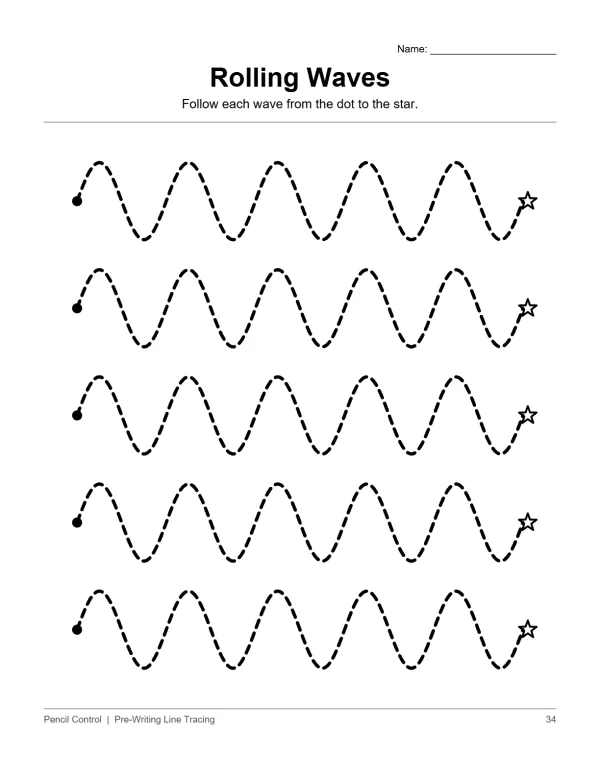 Dotted lines forming five rolling waves, each starting with a dot and ending with a star.