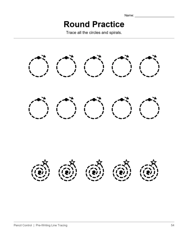 Dotted line circles with arrows and dotted line spirals with stars for tracing practice