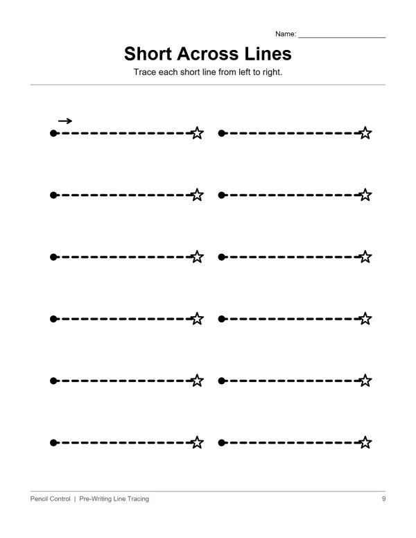 A worksheet with ten rows of horizontal dashed lines to trace, each starting with a dot and ending with a star.