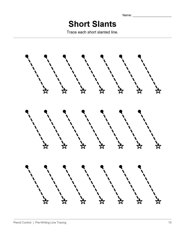 Dashed short slanted lines with dots at the top and stars at the bottom for tracing practice.