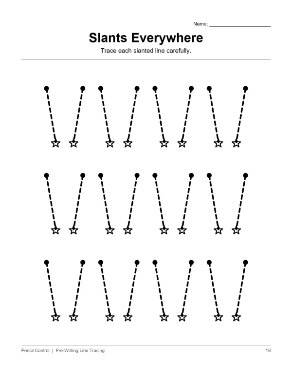 Worksheet with rows of dotted slanted lines connecting dots to small stars for tracing practice.