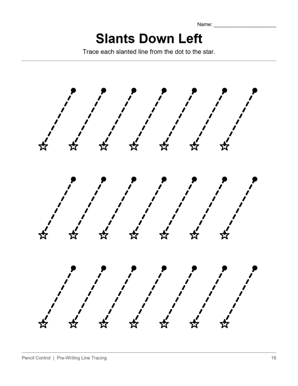 Dotted lines slanting down to the left from dots to small stars on a white worksheet.
