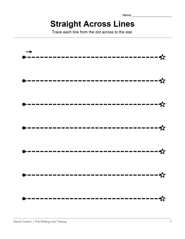 Tracing worksheet with dotted straight horizontal lines from black dots to small stars.