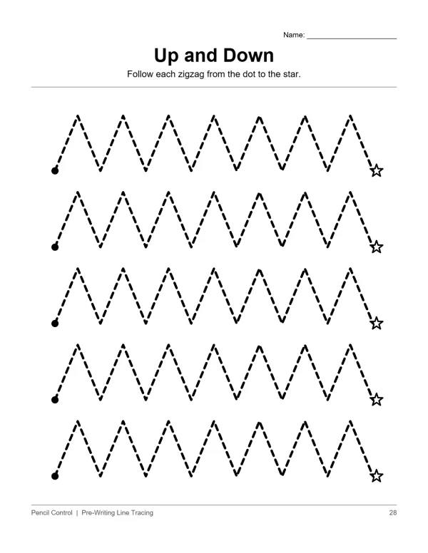 Dashed zigzag lines connect a dot to a star across five rows on a pre-writing worksheet.