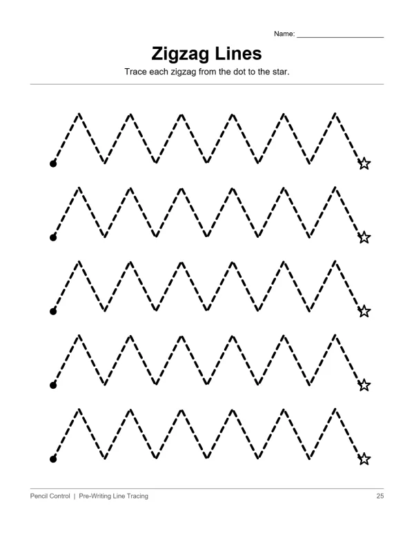 Dotted zigzag lines on a worksheet for tracing, starting from dots and ending at stars.