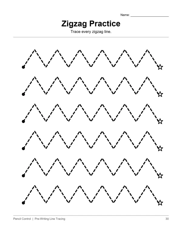 Dashed zigzag lines for tracing practice, starting with a dot and ending with a star.