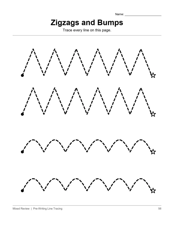 Dotted zigzag and bump lines start with a black circle and end with a star for tracing.