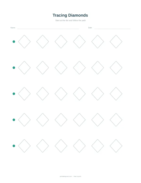 A worksheet with rows of diamond outlines and green dots to trace.