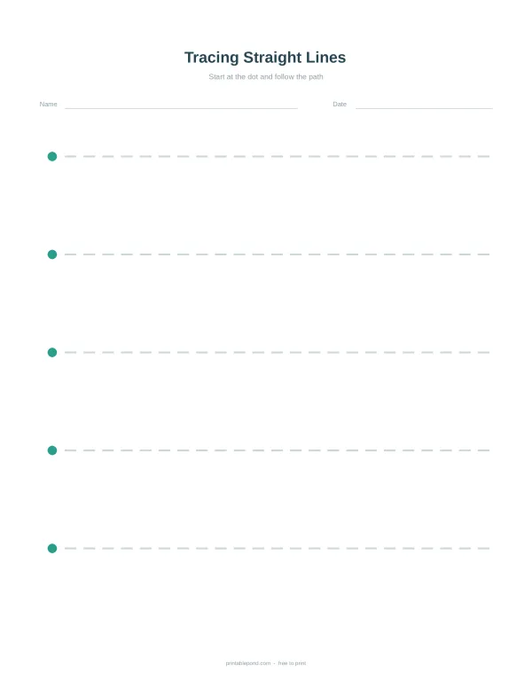 A worksheet with dashed straight lines and green dots for tracing, with spaces for name and date at the top.
