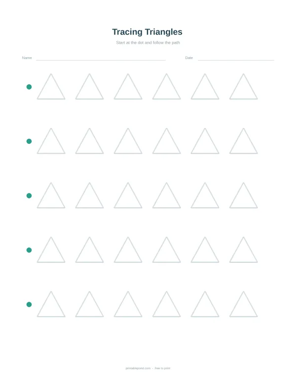 Worksheet with rows of empty triangles to trace, each starting with a green dot.