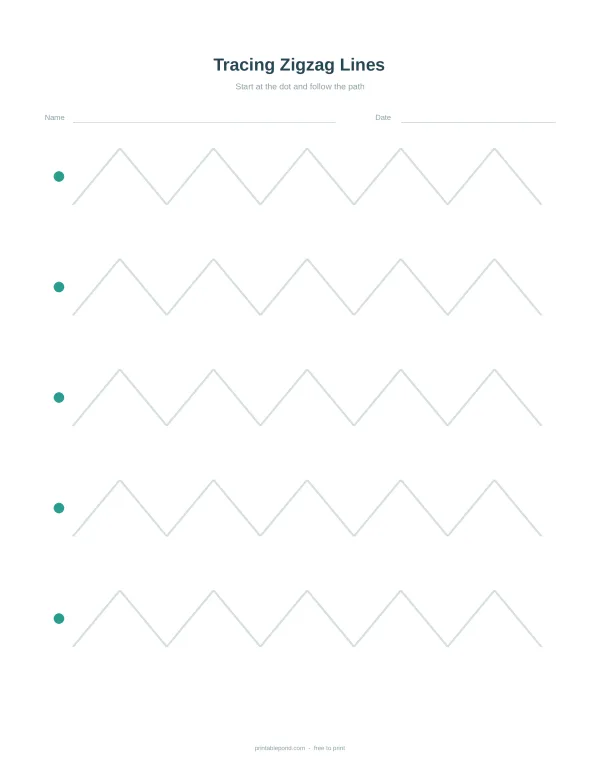 Worksheet with five rows of gray zigzag lines to trace, starting with a teal dot.